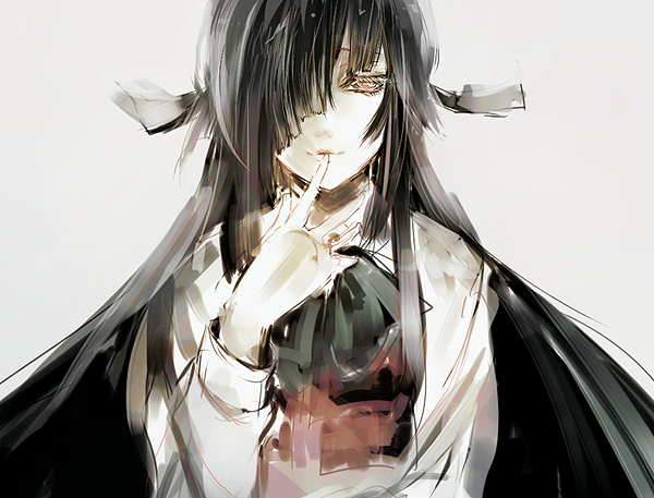 1girl, black_hair, hair_over_one_eye, hayashimo_(kantai_collection), kantai_collection, long_hair, ribbon, saegome, sketch, yellow_eyes