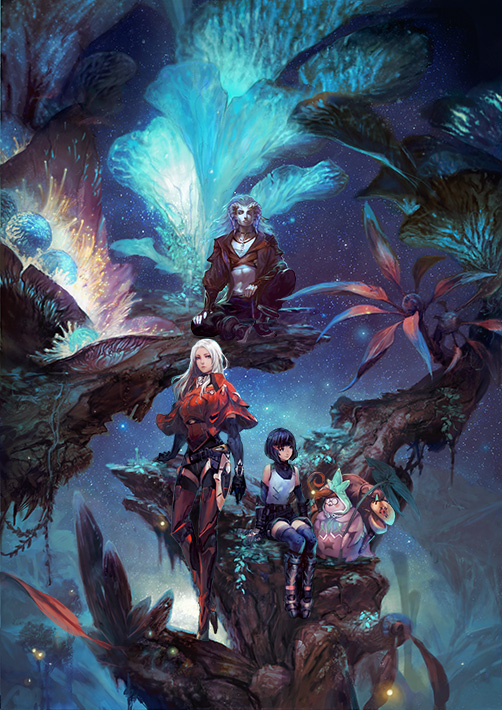 1boy, 2girls, armor, elma_(xenoblade_x), lynlee_kuu, multiple_girls, official_art, scenery, tatsu_(xenoblade_x), tsukamoto_youko_(artist), xenoblade_chronicles_x