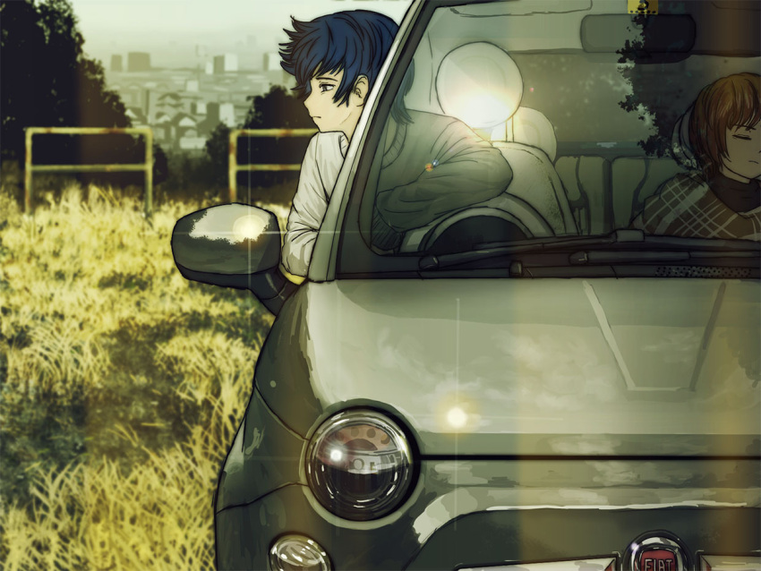 1girl, blue_eyes, blue_hair, brown_hair, car, casual, closed_eyes, couple