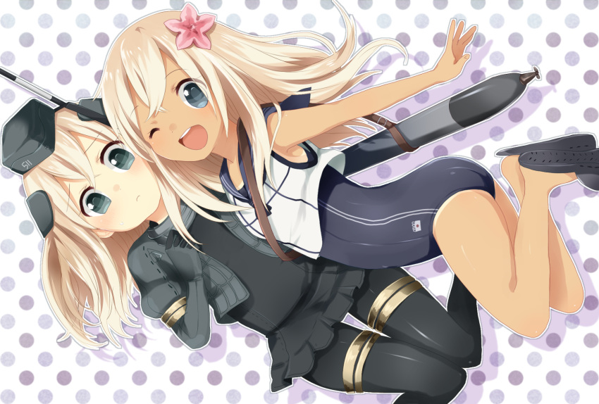 2girls, :d, bare_legs, bare_shoulders, black_legwear, blonde_hair, blue_dress, blue_eyes