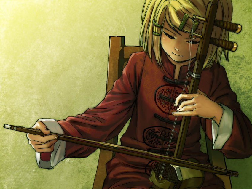 blue_eyes, bow_(instrument), chinese_clothes, closed_eyes, erhu, hair_ornament, hairclip, horuda