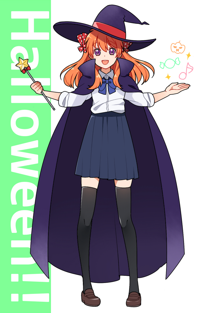 1girl, black_legwear, bow, candy, cape, gekkan_shoujo_nozaki-kun, hair_bow, halloween, hat, jack-o'-lantern, musical_note, open_mouth, orange_hair, polka_dot, polka_dot_bow, sakura_chiyo, school_uniform, smile, sparkle, thigh-highs, violet_eyes, wand, witch_hat, yurichika_(pixiv3221904)