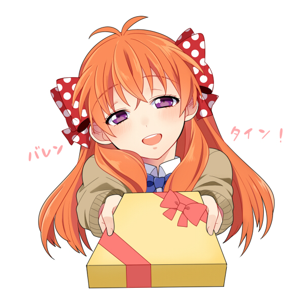 1girl, bow, gekkan_shoujo_nozaki-kun, gift, hair_bow, incoming_gift, open_mouth, orange_hair