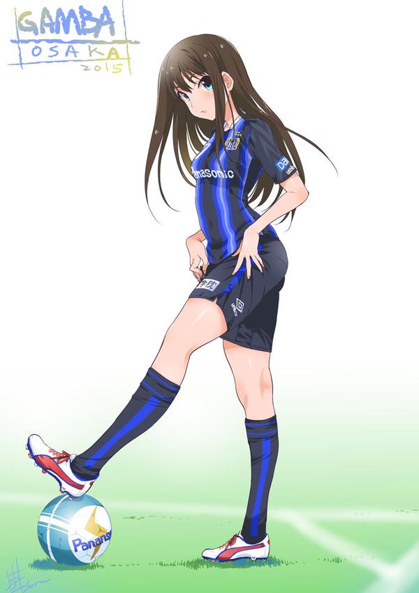 1girl, aqua_eyes, ball, brown_hair, gamba_osaka, hands_on_thighs, idolmaster, idolmaster_cinderella_girls