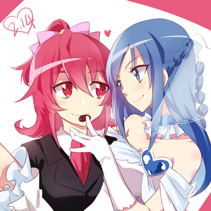 2girls, aida_mana, bare_shoulders, blue_eyes, blue_hair, buts_(11067), choker, dated