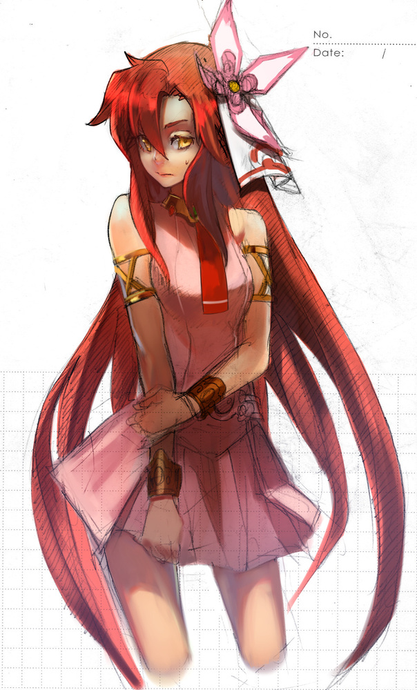 1girl, alternate_hairstyle, armlet, bracelet, cosplay, flower, hair_down, hair_flower, hair_ornament, jewelry, long_hair, masashi_(excellent), nia_teppelin, nia_teppelin_(cosplay), redhead, sketch, skirt, solo, tengen_toppa_gurren_lagann, very_long_hair, yellow_eyes, yoko_littner