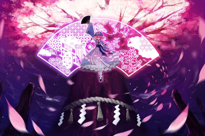 1girl, cherry_blossoms, cherry_trees, fan, folding_fan, hat, hyde_(hai-do), japanese_clothes