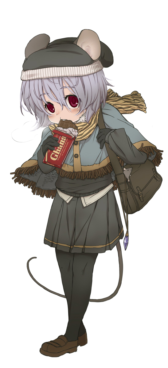 1girl, animal_ears, blush, capelet, chocolate_bar, grey_hair, harukaze_unipo, hat