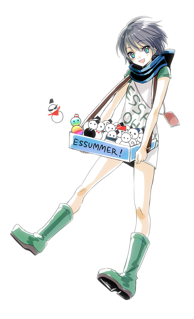 1girl, black_hair, etsusa_oohashi, green_eyes, kirino_yua, nanamura, scarf, short_hair