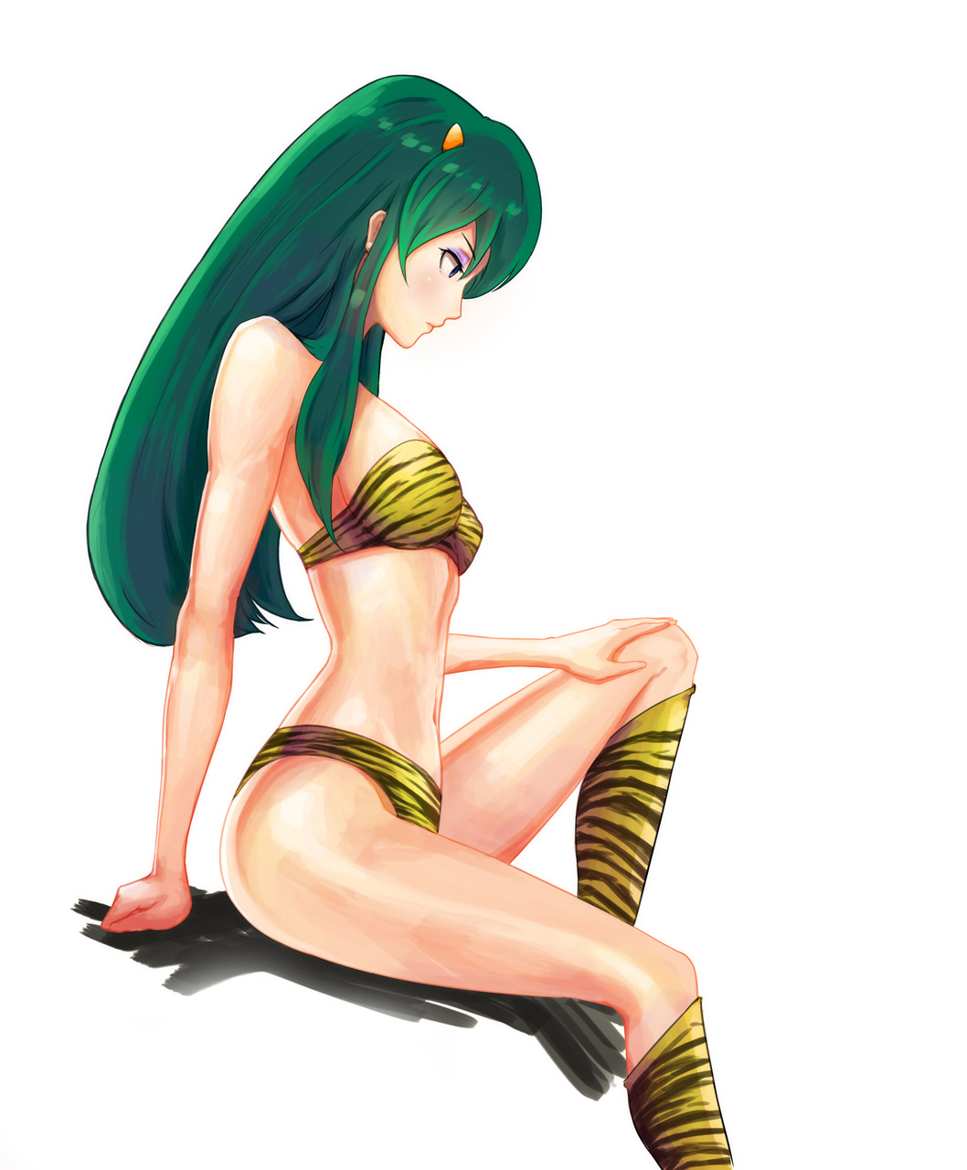 1girl, bare_shoulders, bikini, blue_eyes, breasts, cropped_legs, eyeshadow, from_side