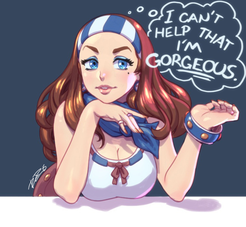 1girl, bare_shoulders, bliss_barson, blue_eyes, bracelet, breasts, brown_hair, cleavage
