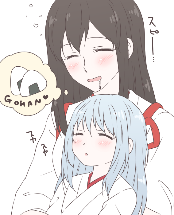 2girls, ^_^, akagi_(kantai_collection), blush, but, child, closed_eyes, drooling
