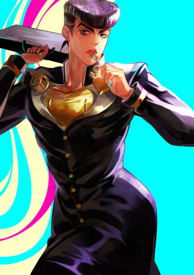 1boy, blue_eyes, candy, gakuran, glenn343434, higashikata_jousuke, jojo_no_kimyou_na_bouken, lollipop