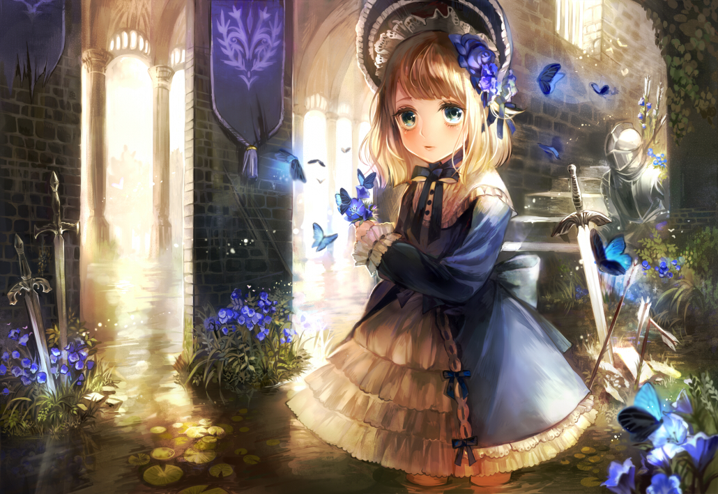 1girl, blonde_hair, blue_eyes, bonnet, butterfly, castle, flower, glenn343434
