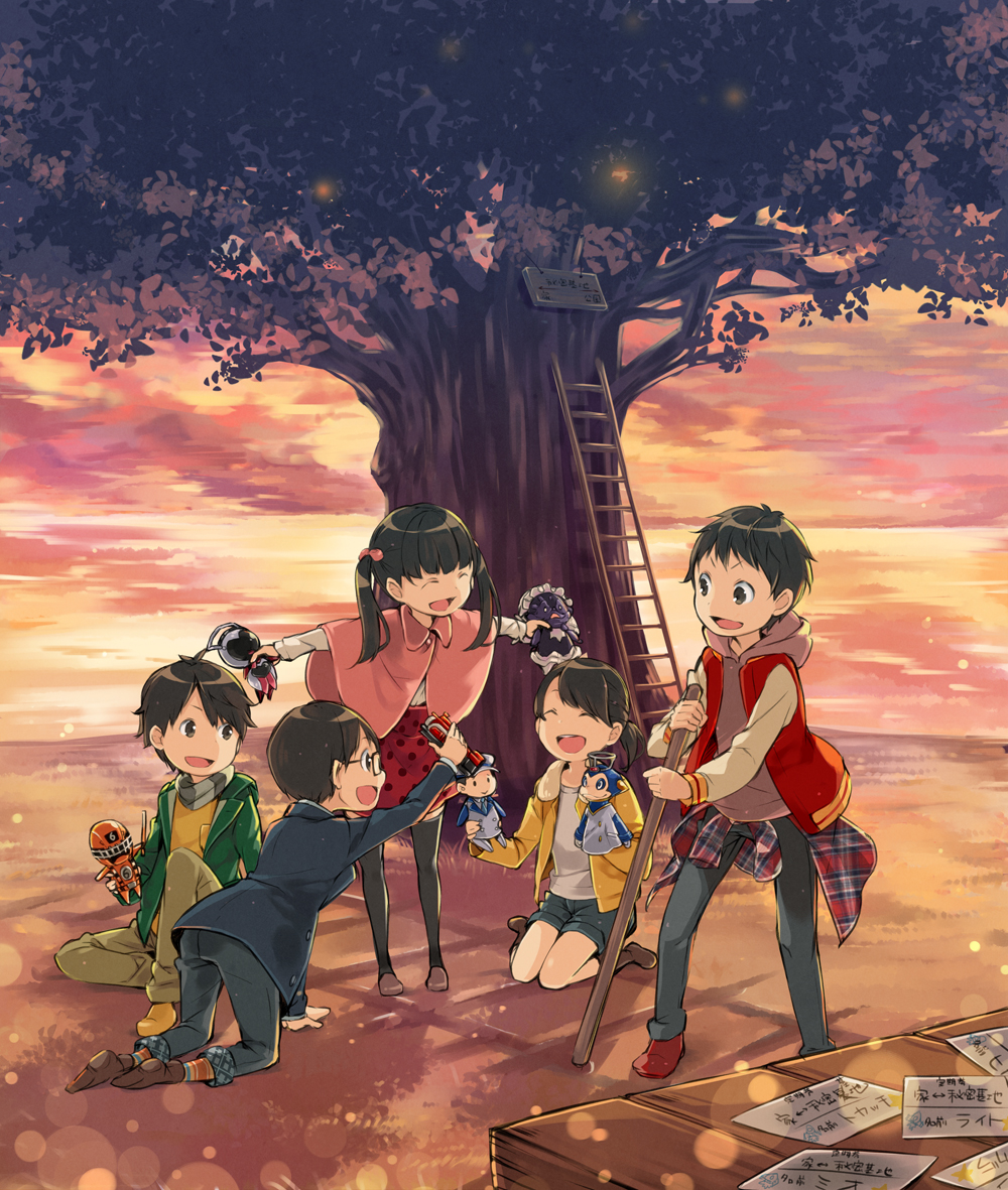 2girls, 3boys, black_hair, brown_hair, character_doll, chiko_(mizuho), glasses, hikari_(ressha_sentai_toqger), kagura_(ressha_sentai_toqger), mio_(ressha_sentai_toqger), miss_gritta, multiple_boys, multiple_girls, ponytail, ressha_sentai_toqger, right_(ressha_sentai_toqger), shasho_(ressha_sentai_toqger), short_hair, smile, spoilers, super_sentai, thigh-highs, ticket_(ressha_sentai_toqger), tokatti_(ressha_sentai_toqger), toq_6gou, twintails, wagon_(ressha_sentai_toqger)