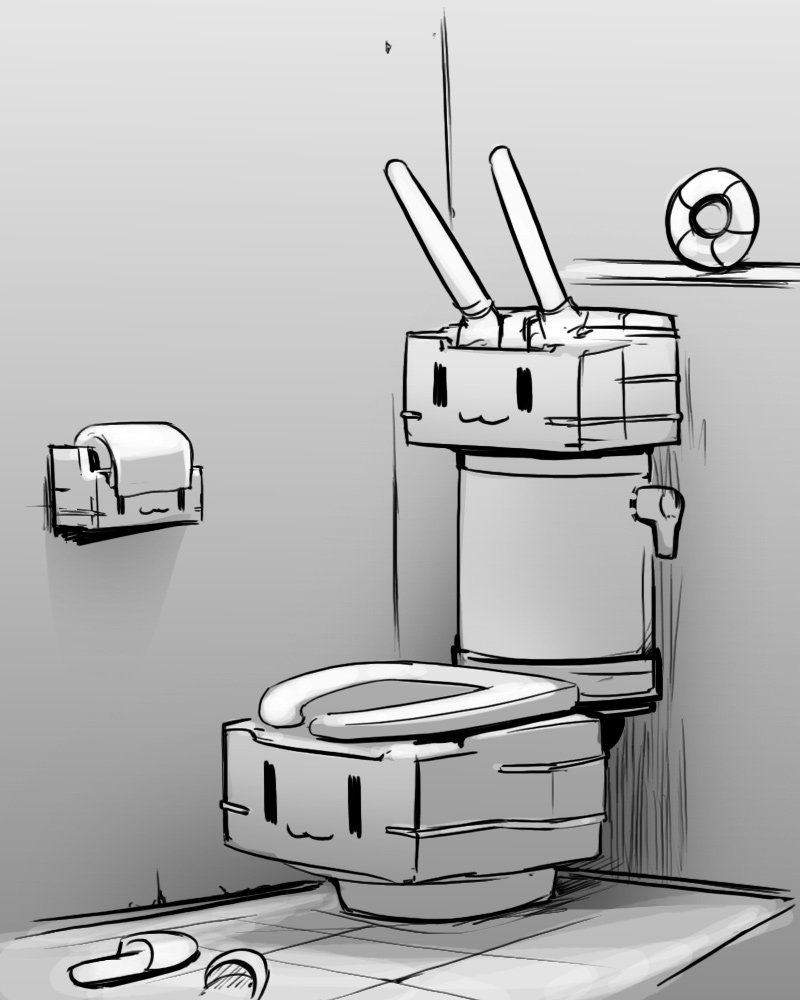 abubu, cannon, kantai_collection, monochrome, no_humans, rensouhou-chan, slippers, toilet
