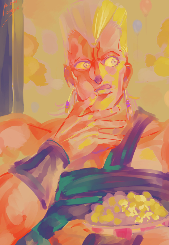 1boy, cha_kuro_(limo), colorful, earrings, jean_pierre_polnareff, jewelry, jojo_no_kimyou_na_bouken, popcorn