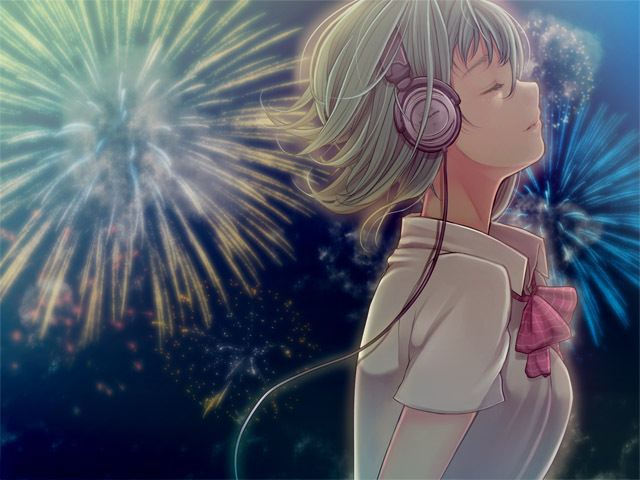 closed_eyes, fireworks, green_eyes, green_hair, gumi, headphones, night, solo