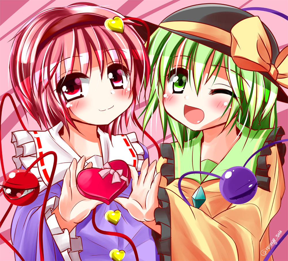 2girls, blush, bow, chocolate, chocolate_heart, green_eyes, green_hair, hairband