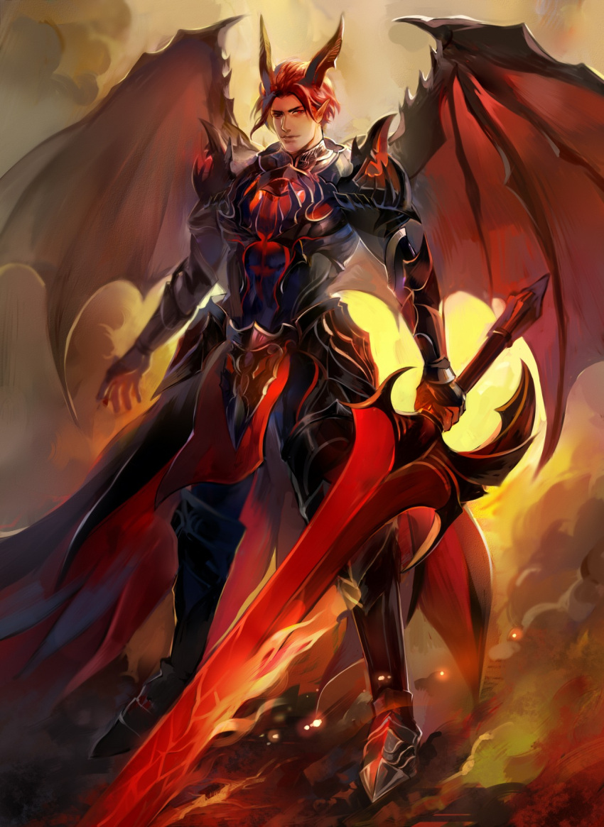 1boy, armor, demon_horns, demon_wings, glenn343434, highres, horns, original, pointy_ears, redhead, solo, sword, weapon, wings