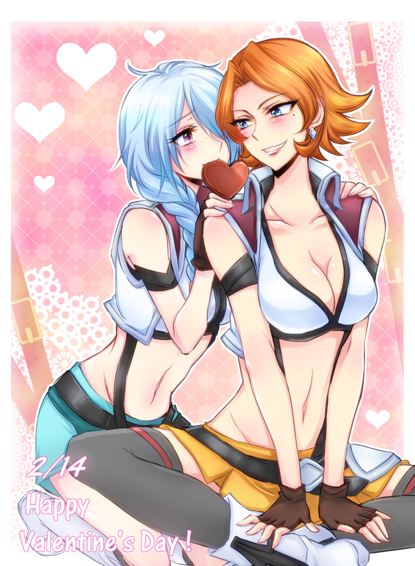 2girls, belt, black_legwear, blue_eyes, blue_hair, blush, boots, braid