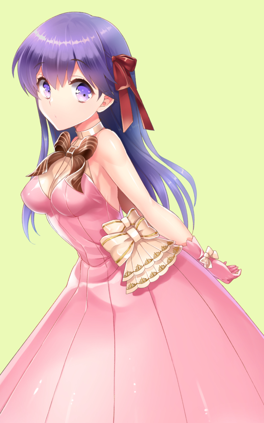 1girl, bow, breasts, cleavage, dress, fate/stay_night, fate_(series), hair_ribbon