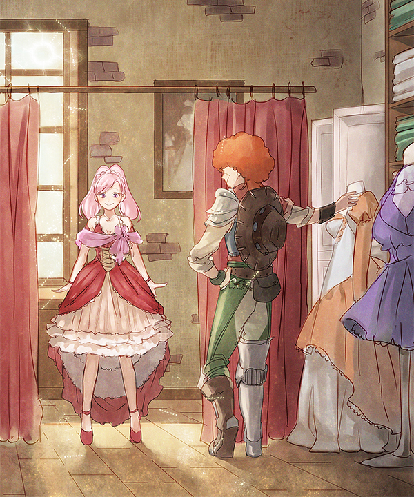 1boy, 1girl, amira_(shingeki_no_bahamut), clothes, curtains, dress, favaro_leone, fujino_ko