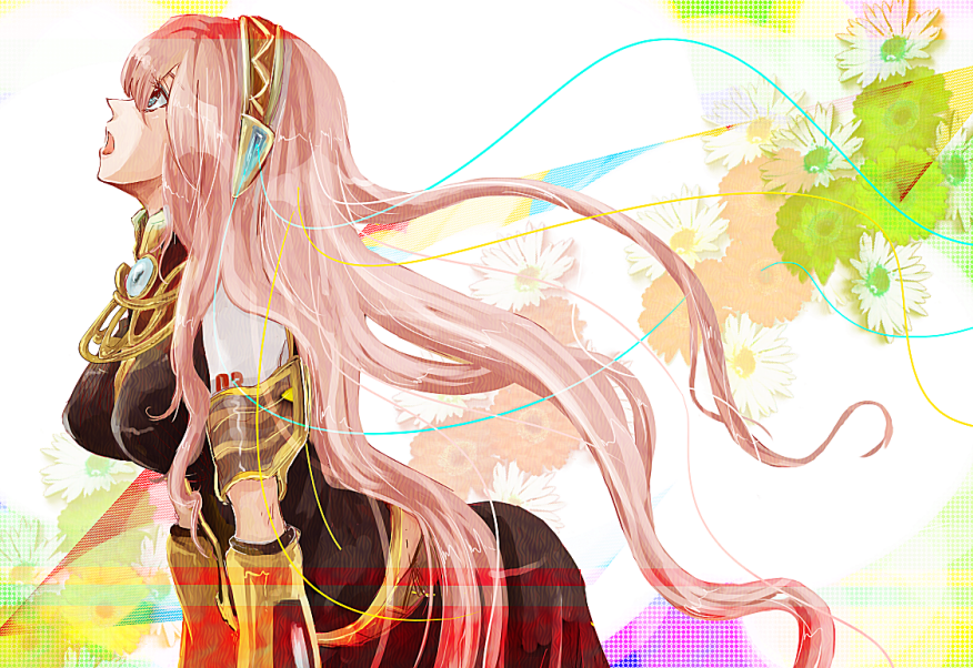 aqua_eyes, headphones, long_hair, megurine_luka, open_mouth, pink_hair, sachirou, skirt