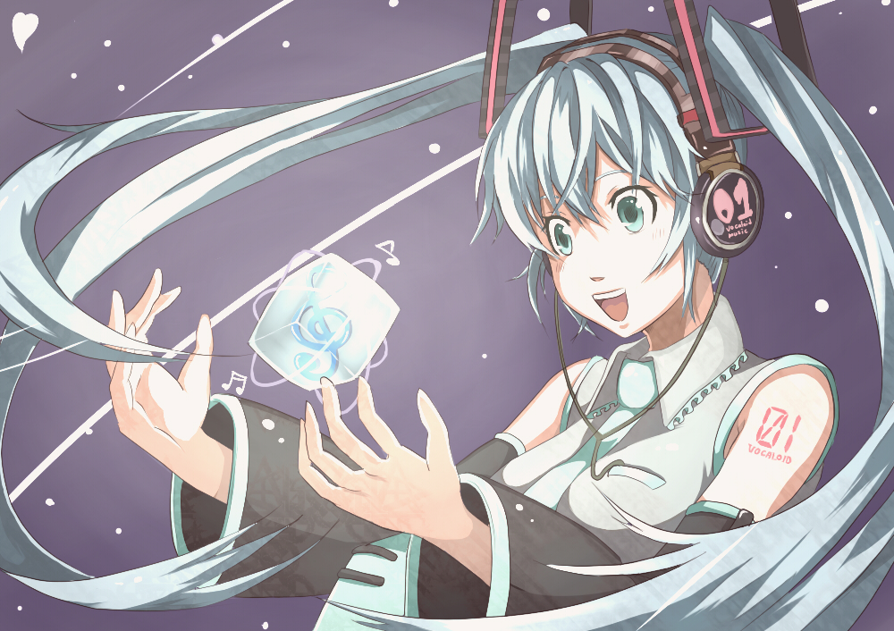 aqua_eyes, aqua_hair, detached_sleeves, hatsune_miku, headphones, heart, long_hair, musical_note