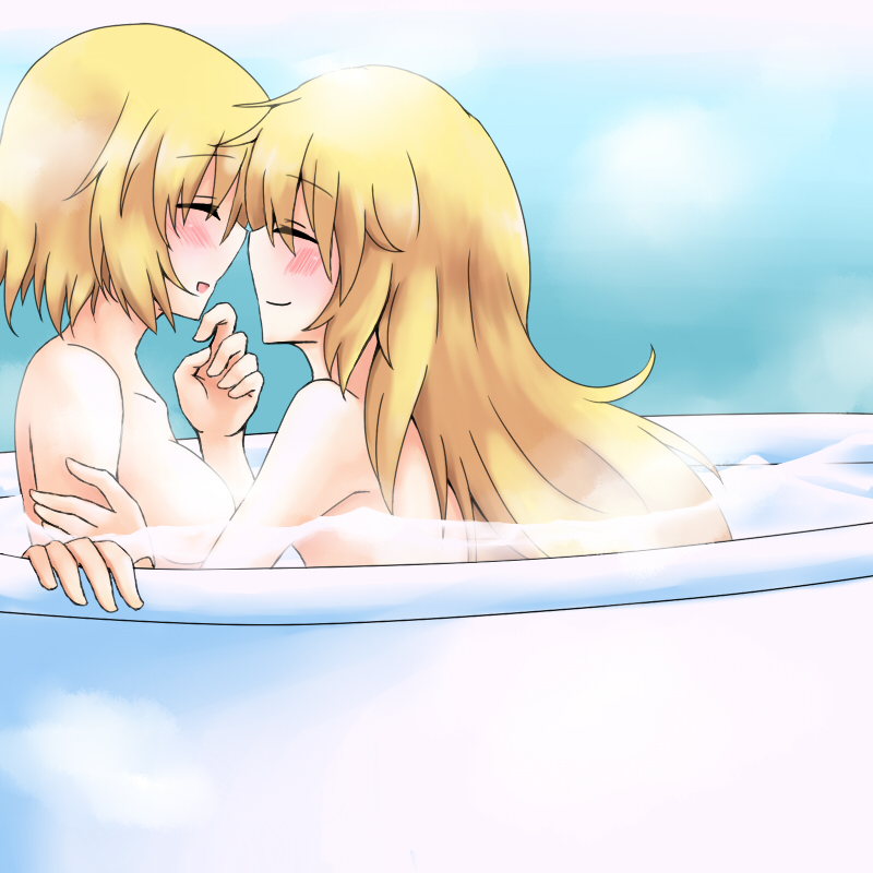 2girls, alice_margatroid, bathing, blonde_hair, blush, breasts, closed_eyes, couple