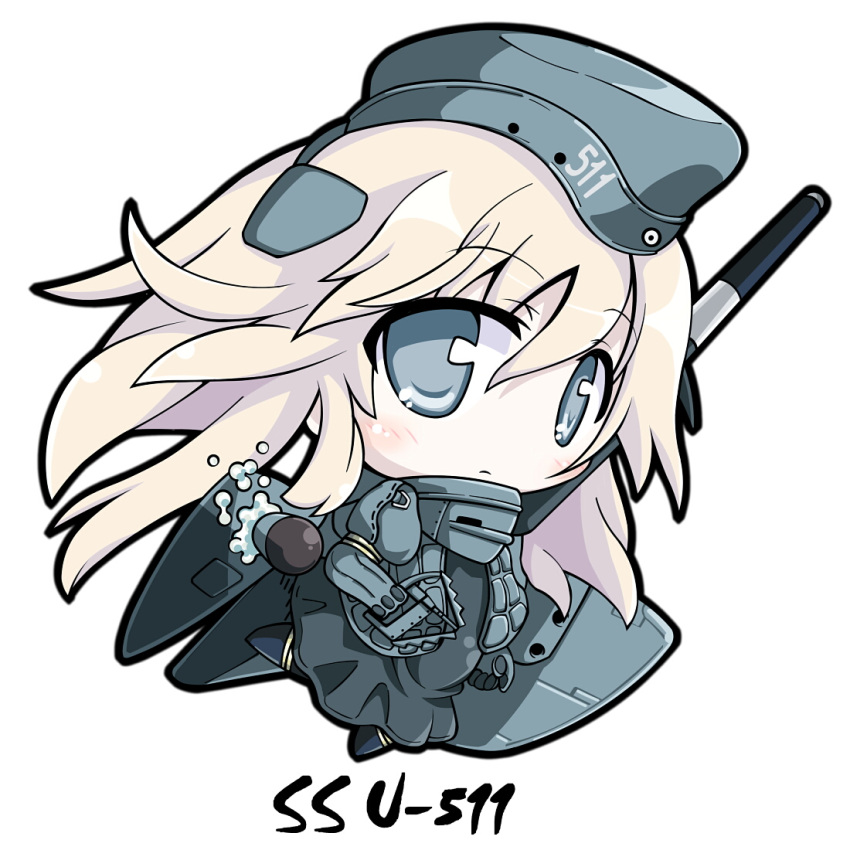 1girl, black_dress, black_legwear, blonde_hair, blue_eyes, blush, character_name, chibi, dress, frown, garrison_cap, hat, holding, kantai_collection, long_hair, long_sleeves, military, military_uniform, pale_skin, pantyhose, puffy_long_sleeves, puffy_sleeves, simple_background, solo, take_tonbo, torpedo, u-511_(kantai_collection), uniform, white_background