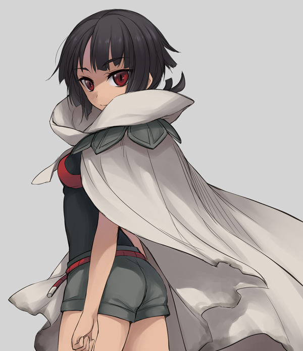 1girl, black_hair, cloak, from_side, grey_background, higana_(pokemon), looking_at_viewer, pokemon, pokemon_(game), pokemon_oras, red_eyes, short_hair, short_ponytail, short_shorts, shorts, shoulder_pads, solo, utsugi_(skydream)