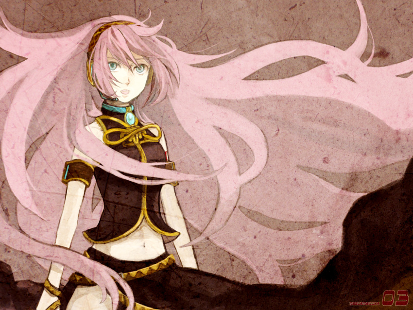 aqua_eyes, ariori_haberi, headphones, headset, long_hair, megurine_luka, midriff, navel
