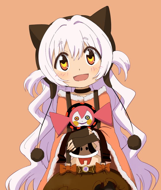1girl, :d, capelet, charlotte_(madoka_magica), fur_trim, hat, long_hair, magical_girl, mahou_shoujo_madoka_magica, mahou_shoujo_madoka_magica_movie, midriff, momoe_nagisa, multicolored_eyes, open_mouth, smile, solo, suspenders, two_side_up, white_hair, witch_(madoka_magica), wokami