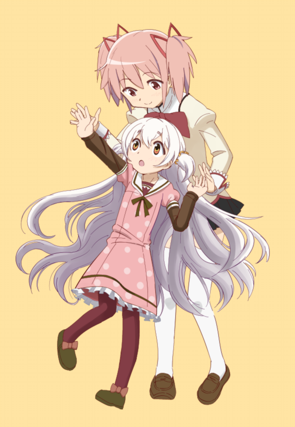 2girls, dress, hair_ribbon, kaname_madoka, long_hair, mahou_shoujo_madoka_magica, mahou_shoujo_madoka_magica_movie, momoe_nagisa, multiple_girls, pantyhose, pink_eyes, pink_hair, polka_dot, polka_dot_dress, ribbon, school_uniform, short_twintails, smile, thigh-highs, twintails, two_side_up, white_hair, wokami, zettai_ryouiki