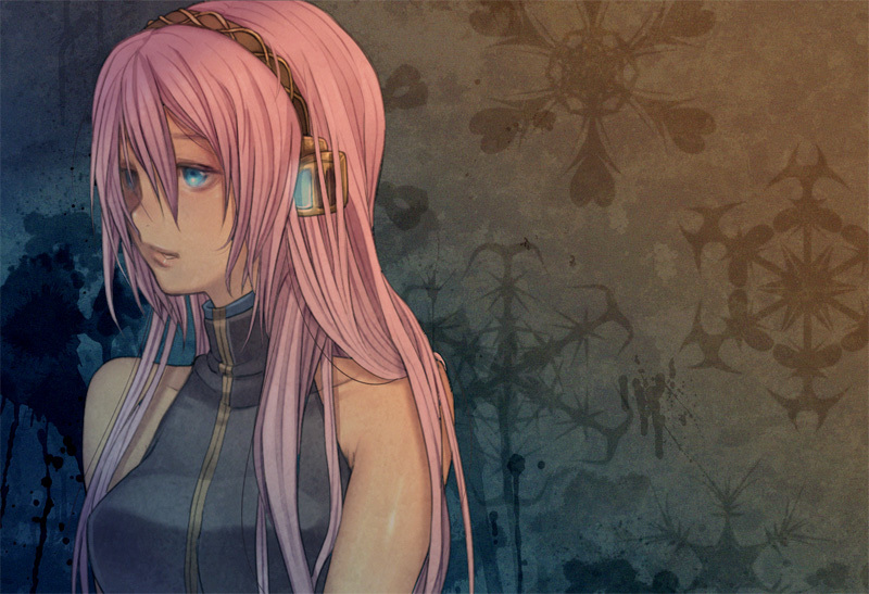 blue_eyes, headphones, long_hair, megurine_luka, pink_hair, solo, uprightleftdownchuchuchu, vocaloid