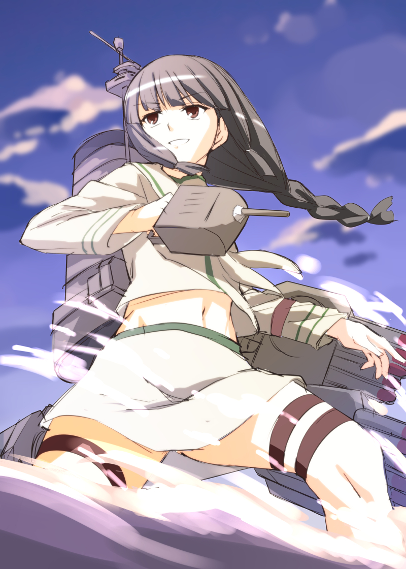 1girl, black_hair, braid, brown_eyes, grin, kantai_collection, kitakami_(kantai_collection), machinery