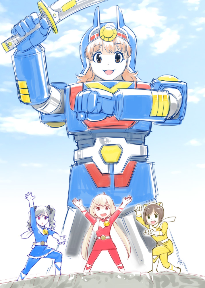 4girls, belt, blonde_hair, boots, brown_eyes, brown_hair, female, futaba_anzu