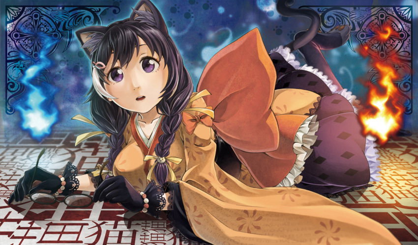 1girl, animal_ears, bakemonogatari, black_hair, braid, cat_ears, cosplay, fire