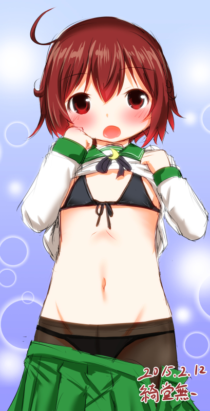 1girl, brown_hair, kantai_collection, kidou_muichi, mutsuki_(kantai_collection), pantyhose_over_swimsuit, red_eyes, school_uniform
