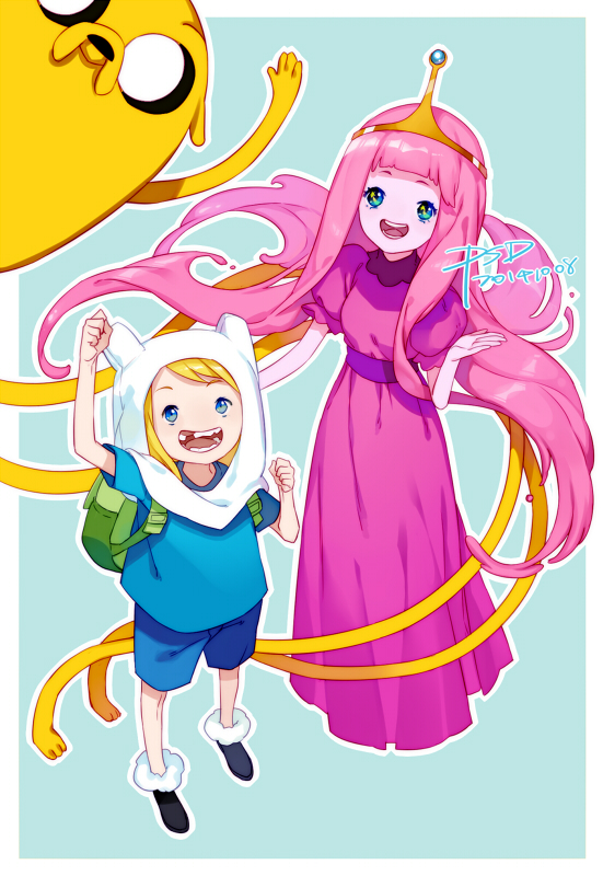 1boy, 1girl, 1other, adventure_time, animal, artist_name, blonde_hair, canine, cartoon_network, dated, dog, finn, finn_mertens_campbell, gum_golem, hood, human, jake, jake_the_dog, long_hair, mammal, pink_hair, pink_skin, princess_bonnibel_bubblegum, psd, signature, turner_entertainment