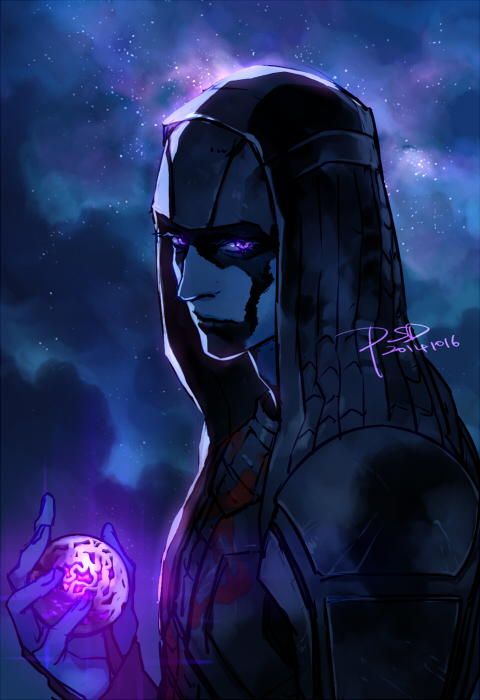 1boy, artist_name, ball, blue_skin, dated, facepaint, guardians_of_the_galaxy, marvel, psd, ronan_the_accuser, signature, solo, violet_eyes
