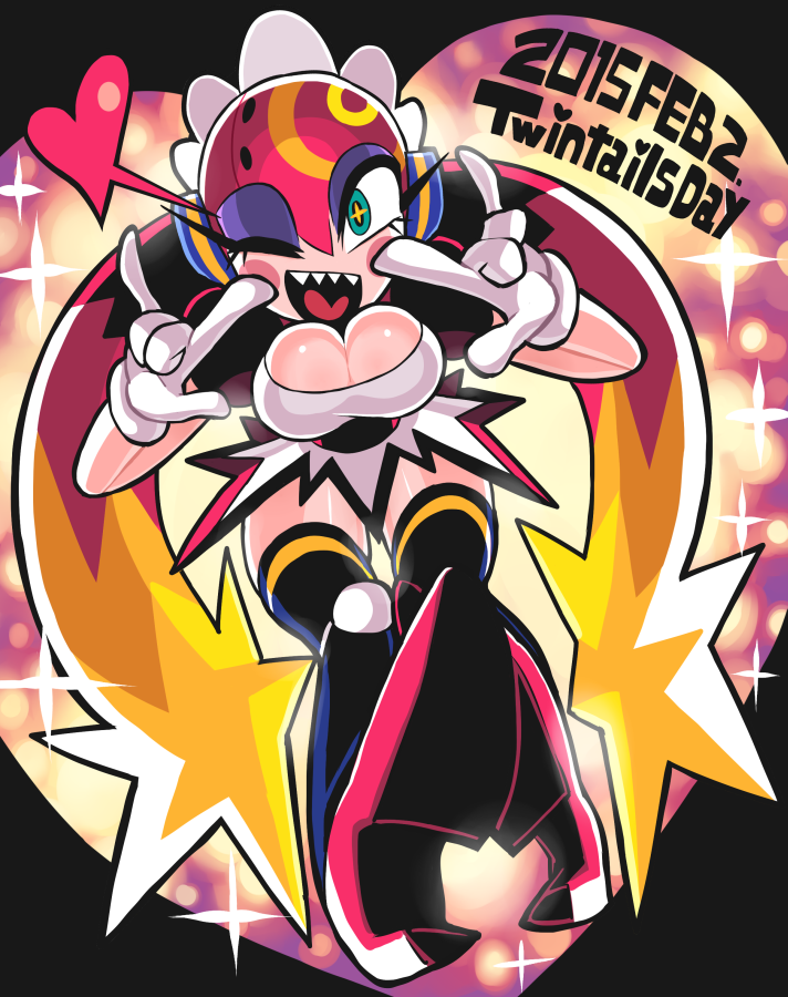 1girl, ;), \m/, black_legwear, boomina, boomina_the_maidroid, eyeshadow, gashi-gashi