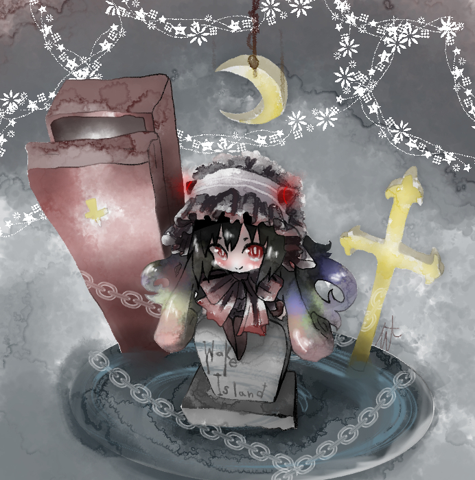 1girl, black_hair, black_legwear, blush, bonnet, bow, chain, coffee
