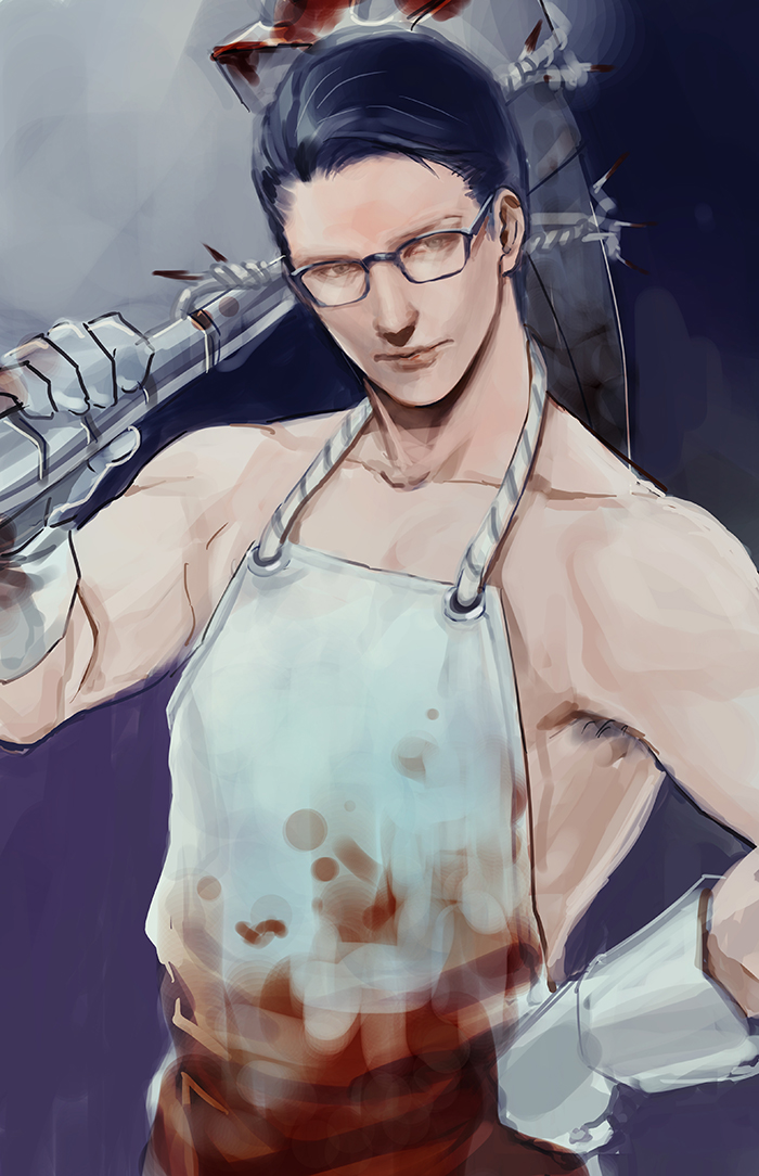 1boy, apron, black_hair, blood, bloody_clothes, cosplay, glasses, gloves, hammer, joseph_oda, mugikoma, solo, the_evil_within, the_keeper, the_keeper_(cosplay)