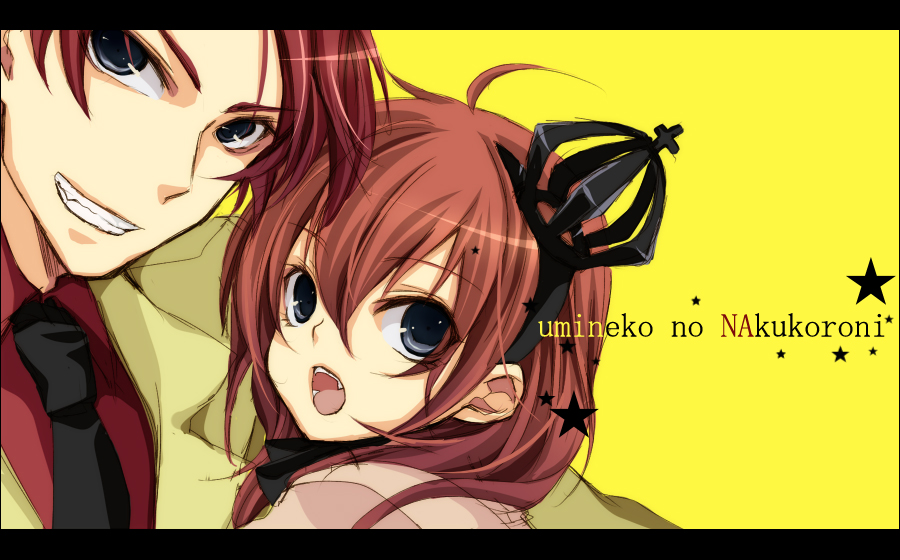 black_eyes, blue_eyes, crown, jacket, necktie, orange_hair, otsuo, red_hair
