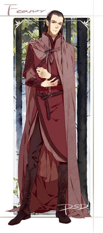 1boy, artist_name, black_hair, cloak, dated, elf, feanor, long_hair