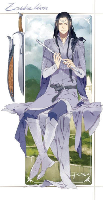 1boy, artist_name, black_hair, dated, ecthelion, elf, flute, instrument