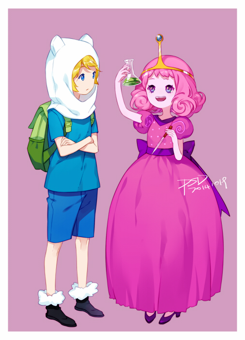 1boy, 1girl, adventure_time, artist_name, backpack, bag, blonde_hair, blue_eyes