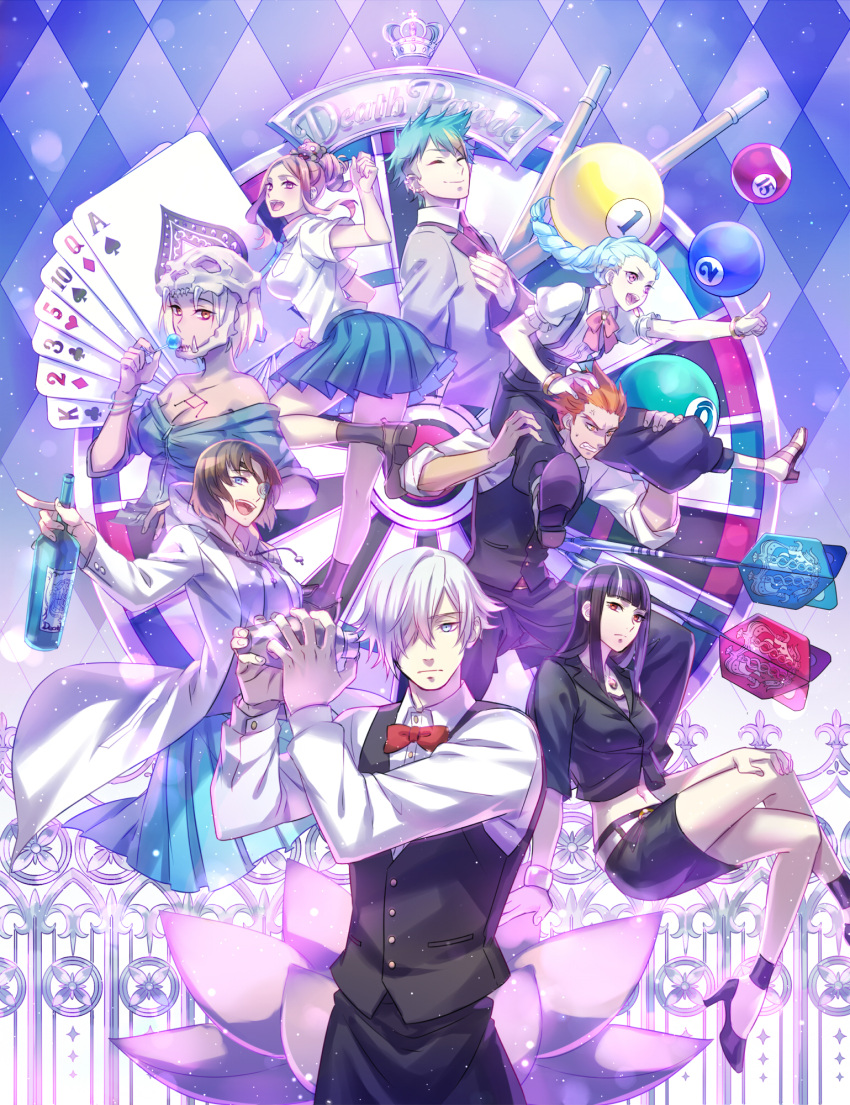 3boys, 5girls, :d, ace, anger_vein, bangle, bare_shoulders, bartender, billiards, black_hair, blonde_hair, blue_eyes, blue_hair, bowtie, bracelet, braid, brown_hair, candy, card, carrying, castra_(death_parade), clavis_(death_parade), closed_eyes, clubs_(playing_card), collarbone, crossed_legs, crown, dartboard, darts, death_parade, dequim, diamond_(shape), ear_piercing, eyepatch, fleur_de_lis, flower, ginti, green_hair, hand_on_knee, hand_on_own_chest, heart, high_heels, highlights, highres, hoodie, jewelry, kurokami_no_onna, labcoat, lollipop, lotus, mayu_(death_parade), midriff, miniskirt, multicolored_hair, multiple_boys, multiple_girls, necklace, necktie, nona_(death_parade), open_mouth, orange_eyes, pendant, piercing, playing_card, pleated_skirt, queen_(death_parade), red_eyes, redhead, shaker, shoulder_carry, skirt, skull, sleeves_rolled_up, smile, spade, vest, violet_eyes, white_hair, wine_bottle, zipper, zoff_(daria)